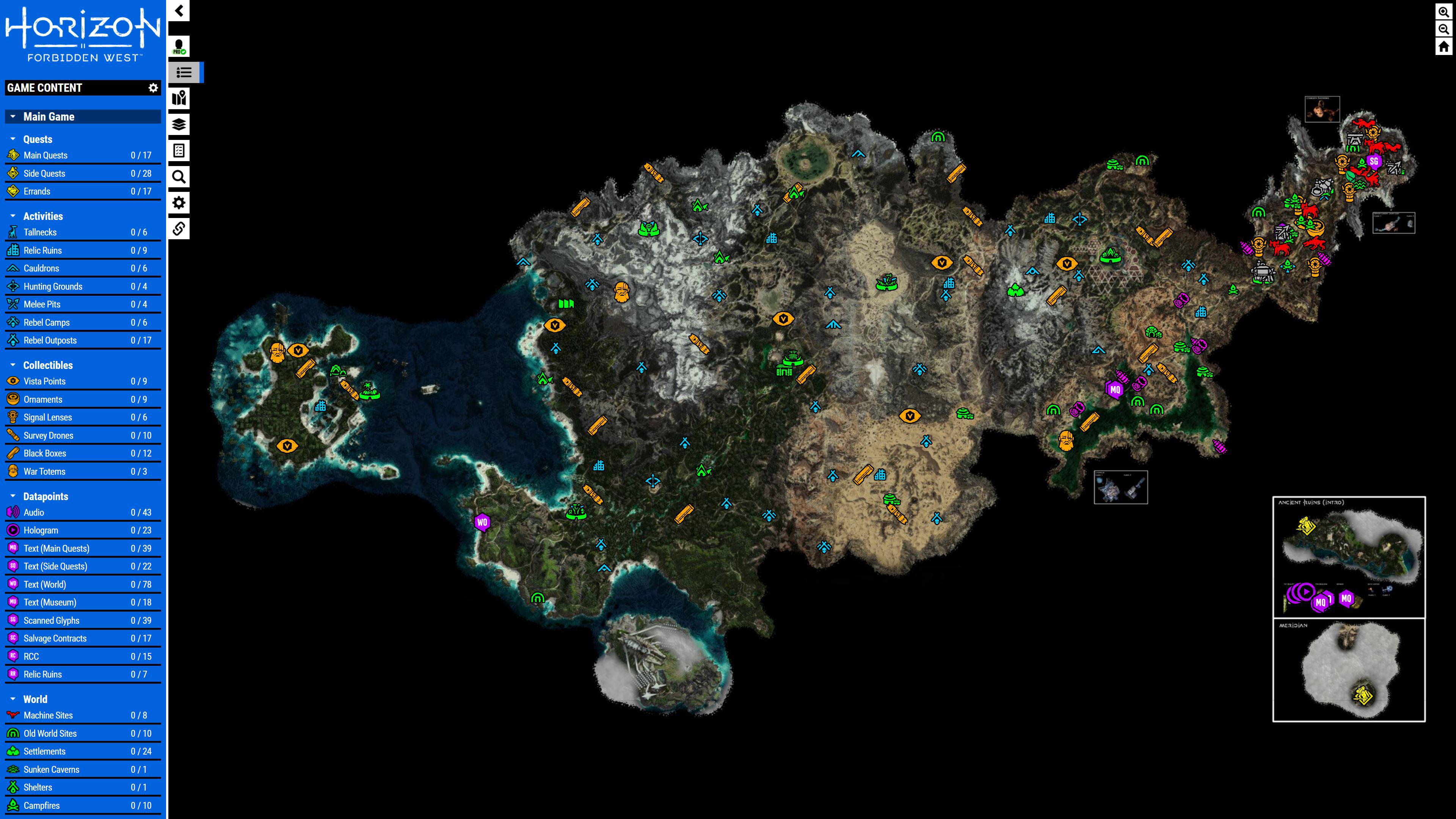 Horizon Forbidden West - Interactive Map (Quests, Activities, Collectibles, Datapoints, World Locations etc.)